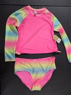 Kids Neon Pink Rainbow Long Sleeve Rash Guard Swim Set